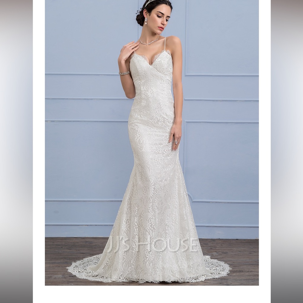 JJs House Ivory Lace Mermaid Wedding Dress with Spaghetti Straps